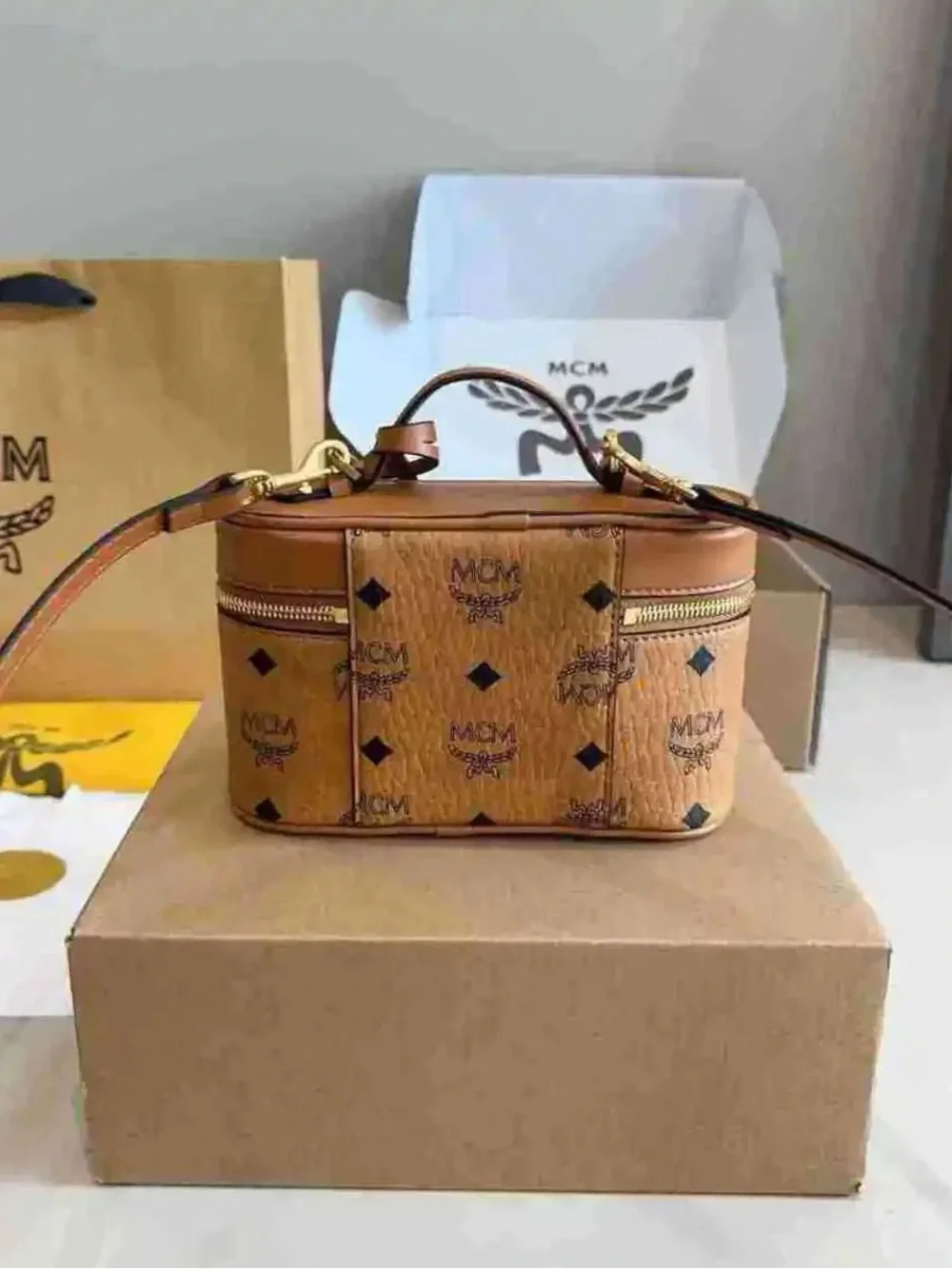 MCM Cognac Visetos Mini Vanity Crossbody with Gold Hardware